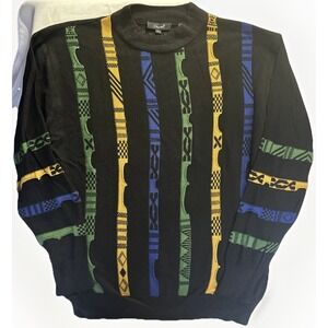 Vintage Genelli Sweater Men's Large Black 100% Silk Striped 3D Coogi-Style Golf